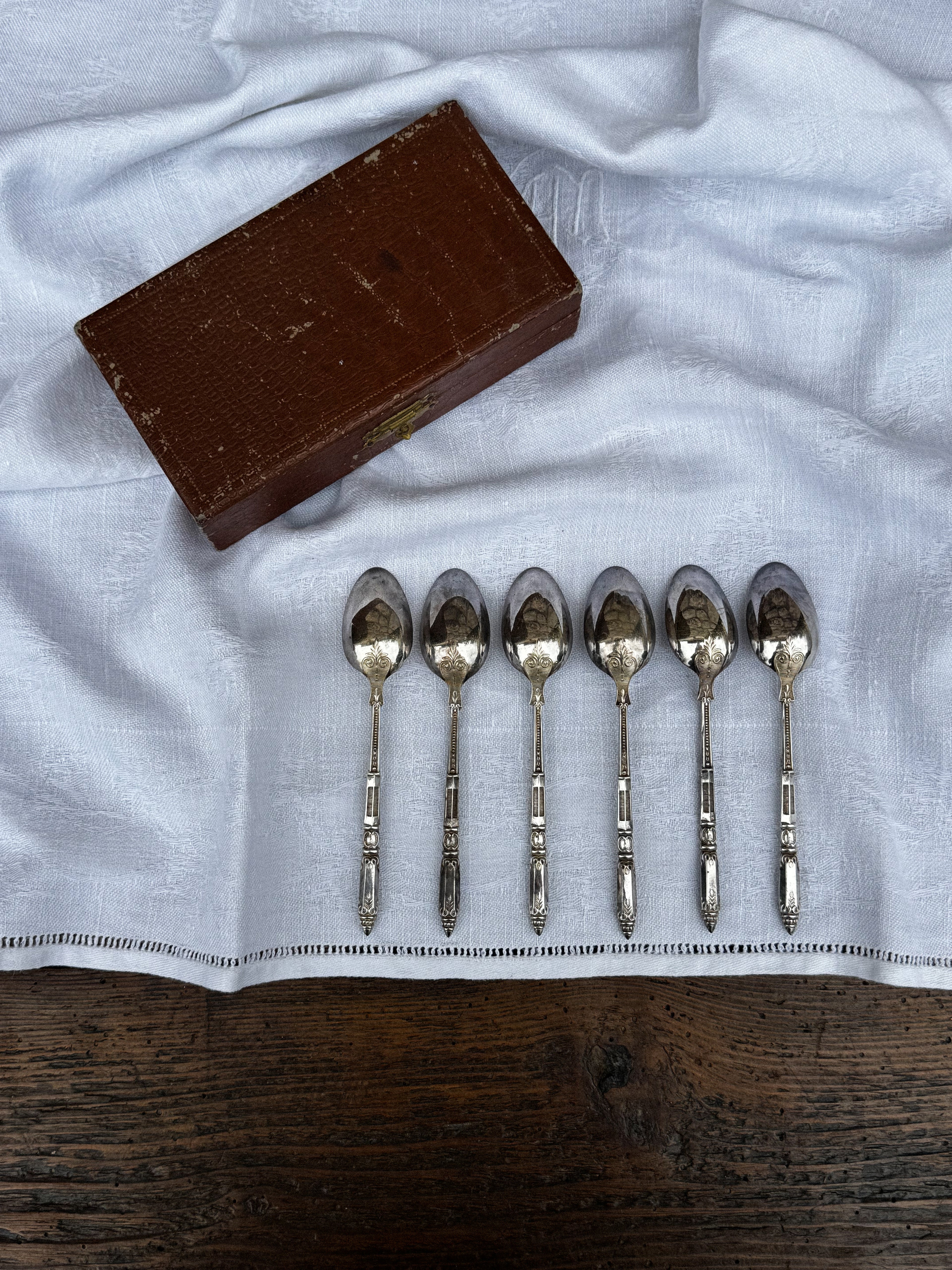Sada 6 starožitných postříbřených lžiček s kazetou