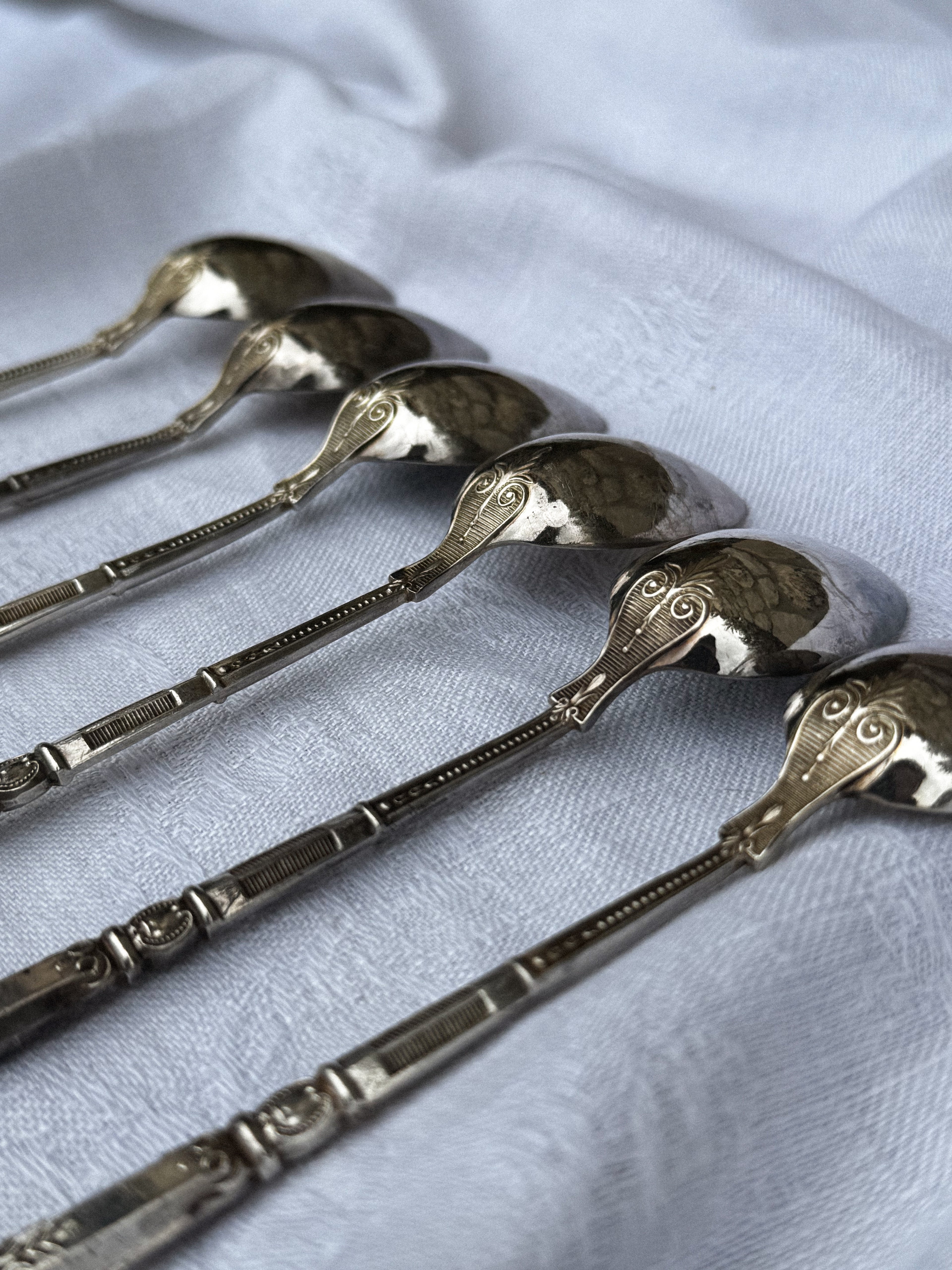 Sada 6 starožitných postříbřených lžiček s kazetou