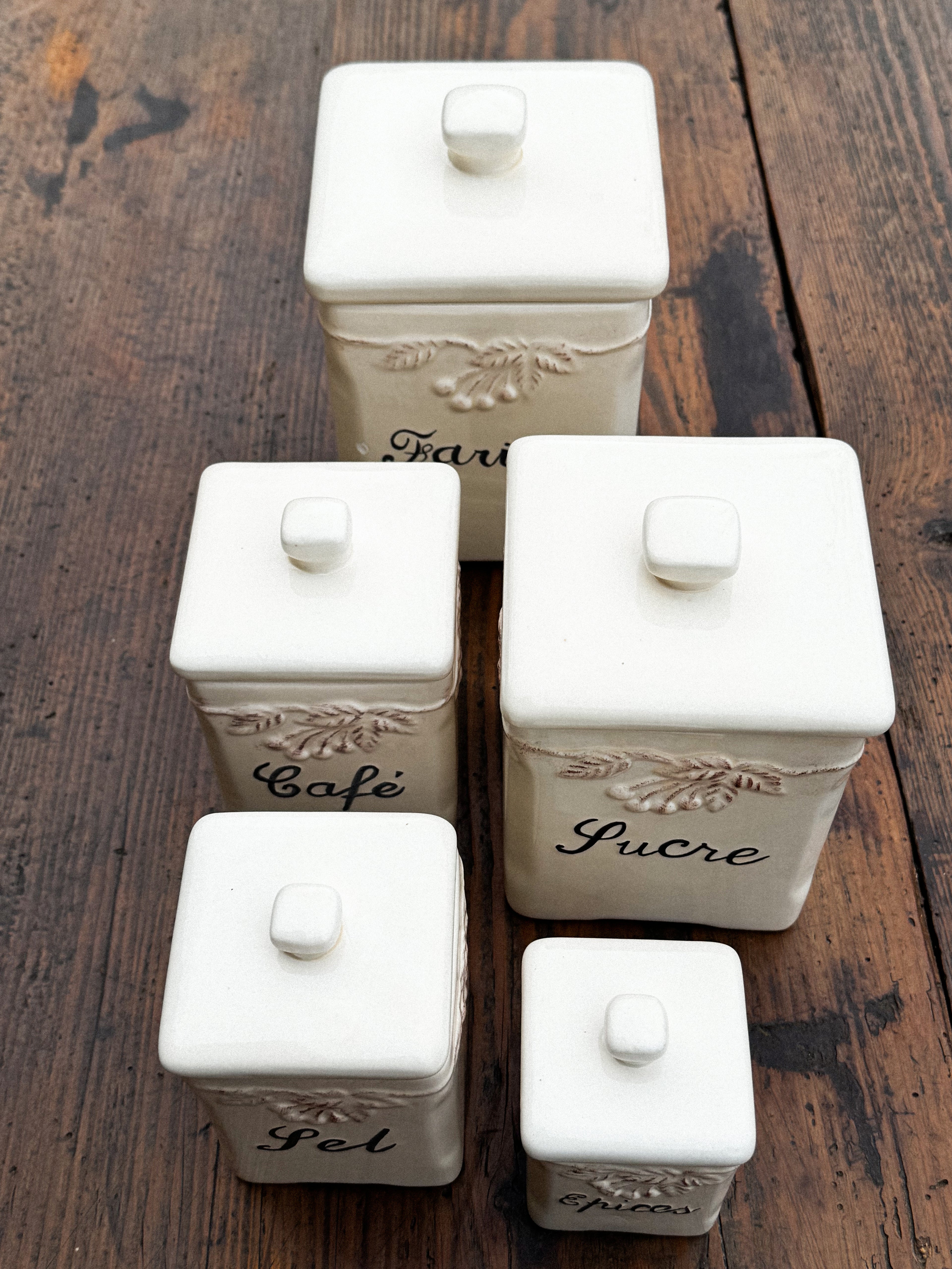 Vintage francouzské dózy na mouku, cukr, kávu, sůl a koření